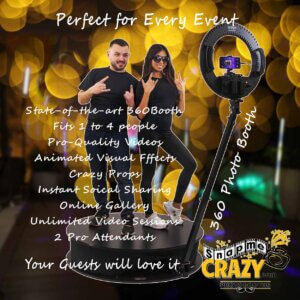 A couple stands on a Snap Me Crazy Photo Booth at an event. WQE offer 360 activations for parties, corporate events, and weddings.