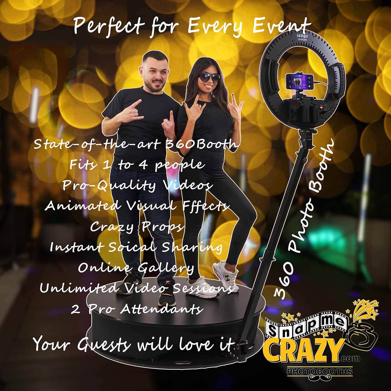 A couple stands on a Snap Me Crazy Photo Booth at an event.  WQE offer 360 activations for parties, corporate events, and weddings.